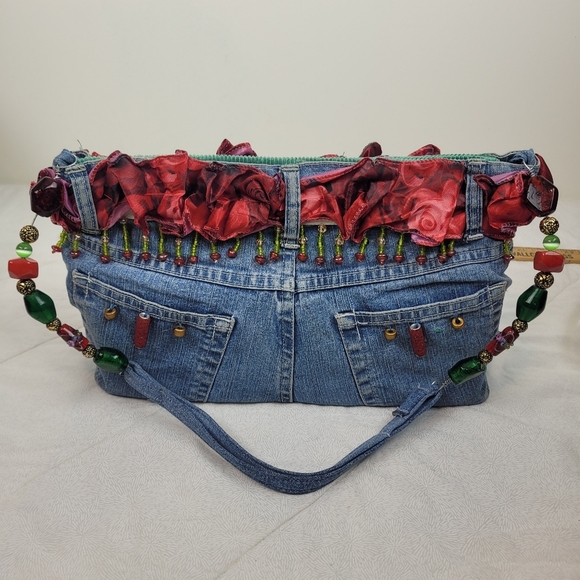 Hand Crafted By Scarlet Denim Red Beaded Women's Bag Lined Bead Handle Boho Arty - Picture 6 of 9